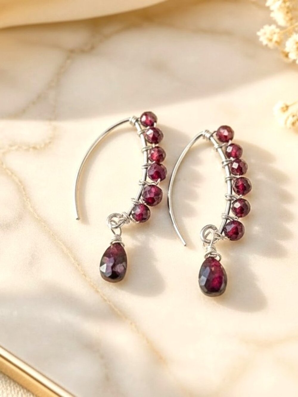 Natural Garnet Earrings, Sterling Silver French Ear Wires, January Birthstone
